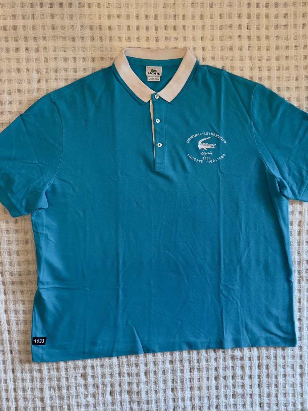 Lacoste Men’s Teal Polo with White Contrast Collar 30” Tall,26” Wide /11 Sleeve